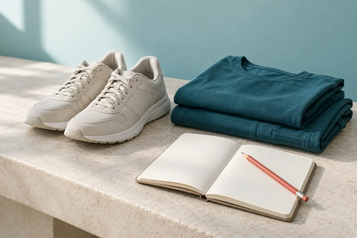 Sapatilhas, roupa dobrada e caderno para preparar a primeira avaliação.