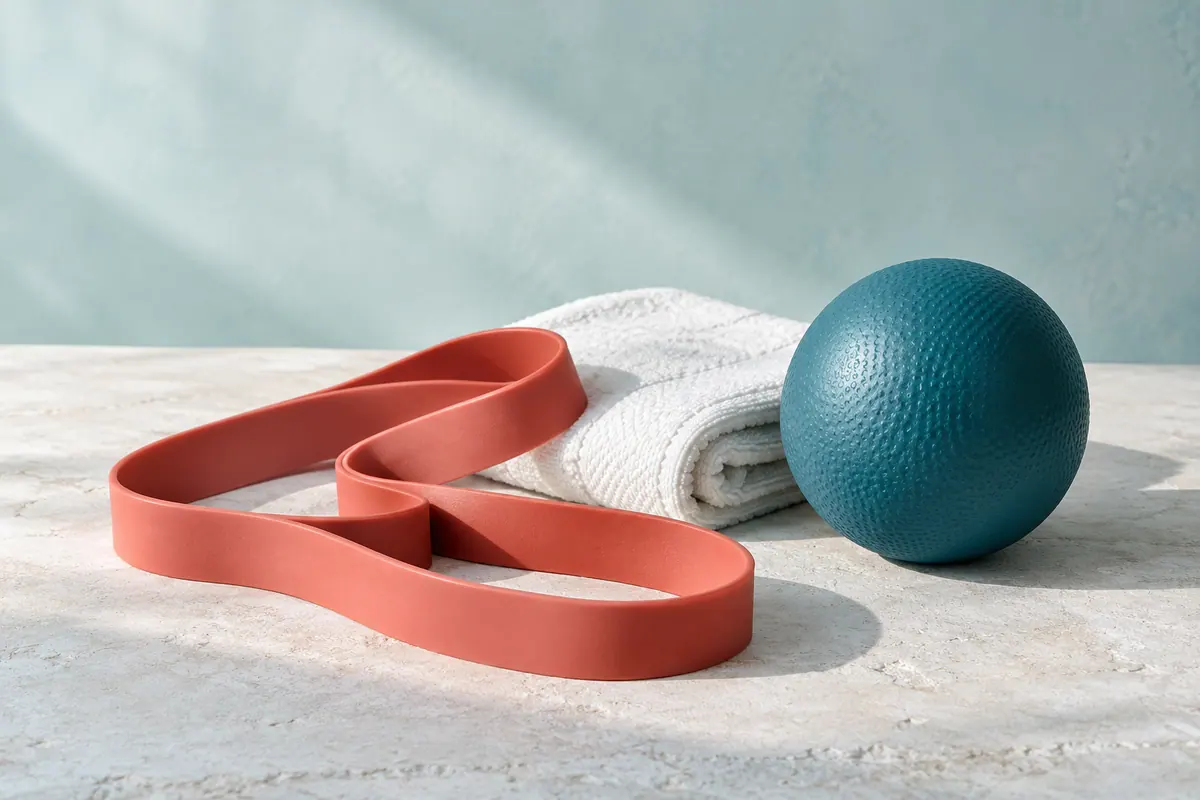 Faixa coral, toalha branca e bola de exercício azul petróleo.